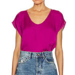 Boston Proper  short sleeve scoop neck satin top in a vibrant magenta color 8 Photo 0