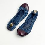 Tory Burch Abbey Navy Blue Leather Burgundy Cap Toe Ballet Flats, Size 8.5 Photo 0