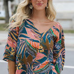 Hudson Gray Hudson Grey Incredible Allure Teal‎ Leaf Print Oversized Blouse Photo 0