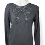 Amanda Smith Black Silk Bow Beaded Sequin Festive Sweater Glam Size Large Petite Photo 0