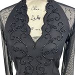 American Vintage Vintage Beaded Blouse Black Sheer Long Sleeve Deep V-Neck Shirt Scallop Date Photo 4