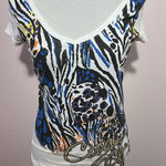 COOGI  Y2K Shirt Top Women Sz S Zebra Gold Short Sleeve V Neck Blouse Vintage Photo 0