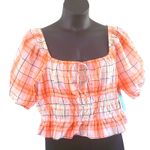 Abound NWOT  1X Coral Pink Plaid Square Neck Puff Sleeve Blouse Women’s Top Photo 1