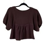 Free People  Brown Button Down Puff Sleeve Crop Top Photo 8