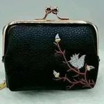 Flower Embroidered Zip Around Wallet w/ detachable Coin Purse in Black Photo 0
