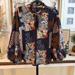 Patchwork Floral Boho Blouse Balloon Sleeve Tie Neck Oversized Fit Women’s Small Blue Photo 1