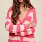 None Pink Multi Striped Button Down Fuzzy Knit Cardigan NEW Photo 0