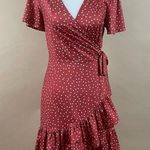 Retro Women's Small Polka Dot Ruffle Tie Wrap Flowy 50's V Neck Swing Dress Red Photo 0