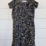 ZARA BASIC Z1975 Denim Off the Shoulder Dress Navy Blue w/ cream Floral Print Photo 3