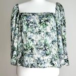 Vince Floral Satin Blouse Green Square Neck Puff Sleeve Cottagecore US 10 NWT Photo 3