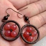 Vintage Red Agate/Wood Western Aztec Dangle Flower Round Earrings Wire Wrapped Pink Photo 8