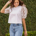 Southern Grace  White Blossoms Short Puff Sleeve Blouse Cottage Coastal Chic Photo 3