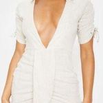 Pretty Little Thing Plt Stone Linen Ruched Sleeve Deep Plunge Bodycon Dress size 6 Photo 0