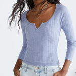 Aeropostale Seriously Soft Ribbed Henley Crop Top Long Sleeve Womens M Blue Slim Photo 0
