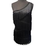 Cache  Black One Shoulder Fringe Chains Flapper Stretch Top Sz L NWoT $128 Photo 1