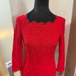 Adrianna Papell  Red Lace Lined Midi Bodycon Sheath Long Sleeve Scallop Trim‎ 2 Photo 1