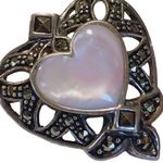 Sterling Silver 925  Vintage Mother Of Pearl & Marcasite Heart Pendant Photo 0