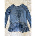 Earl‎ Jeans Womens Blue Owl Embellished Lace Hem Long Sleeve Top Small Photo 1