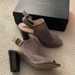 Tahari NEW  Taupe Grey Margaret Perforated Suede Block Heel Sandals Shoes 8 NIB Photo 1