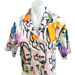SheIn Multicolor Graffiti Print Button Down Short Sleeve Crop Shirt Blouse Top S Photo 0