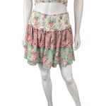 fab'rik  Floral Two Piece Set Smocked Ruffle Crop Top Mini Skirt Pink Green M/ L Photo 4