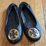 Tory Burch Reva Ballet Flats Shoes Womens Size 7.5 Black Leather Gold Logo Photo 0