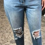 Pretty Little Thing Mid Wash Distressed Knee Straight Mom Jeans  Photo 0