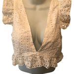 Zaful White Eyelet Crop Top XL Plunging Neck Tied Back Feminine Flutter Sleeve Photo 3