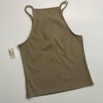Aeropostale Tank Top Cropped Ribbed Lace Up High Neck Square Green Beige Tan Photo 4