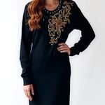 80s Vintage LARISA Black Embroidered and Beaded Knit Midi Sweater Dress Size L Photo 0