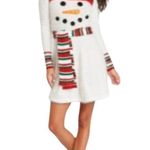 Born Famous Snowman Mid Thigh Soft Eyelash Belted Sweater Holiday Dress Womens L White Size L Photo 1