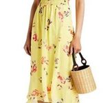 DKNY  Shirred Floral Print Crepon Midi Dress Womens 14 Yellow Flutter Sleeve Chic Photo 0