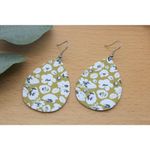 Handmade Lightweight Genuine Leather White Poppies on Mustard Teardrop Earrings Photo 2