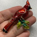 Festive Gold Tone Red Enamel Cardinal Bird Holly Leaf Christmas Brooch Photo 0