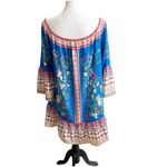 Umgee  Scarf Print Knee Length Dress Size Large Bohemian Multicolor Off Shoulder Photo 3