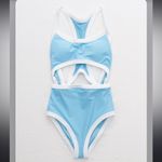 Aerie  One Piece Colorblock Swimsuit with Cut Outs Aqua Blue Photo 1