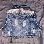 NWT Navy blue distress denim cropped sequence metal chain tassel button down collar vest size Small petite Photo 1