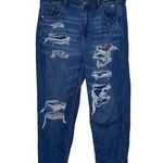 American Eagle Mom Straight Jean Blue Jeans Denim Ripped Plaid Patch Size 16 Photo 0
