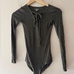 Aerie  Ribbed Olive Green Lace Up Long Sleeve Bodysuit Photo 0
