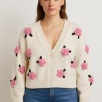 Luna Ivy Cream Knit Cardigan XS – 3D Pink Floral Appliqué Sweater Photo 0