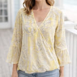 Hearts of Palm Sheer Wrap Blouse Women’s PS Butter Yellow Paisley Boho Peasant White Size undefined Photo 0