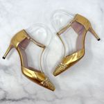 Gucci Coline Mary Jane Studded T-Strap Pointed Toe Pump Heels Designer Gold 35.5 Photo 2