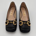 Gucci Baby Horsebit Square Toe Black Leather Block Heel Loafer Flat Pump Size 39 Photo 1