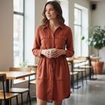 Velvet Heart Rust Utility 100% Tencel Dress Button Front Drawstring Waist L Photo 1