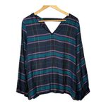 Loft  Plaid Bell Sleeve Top V-Neck Cut‎ Out Boho Purple Blue Women Size Medium Photo 3