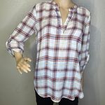 Penelope Long Sleeve Plaid Pattern Lightweight Top Cream Neon Coral Black Medium Photo 1