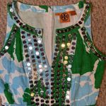 Tory Burch  Elsa Mirror Embellished Green Blue Linen Floral Abstract Vacation Top Photo 2