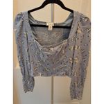 Rachel Zoe Size M Blue Floral Square Neck Crop Top Long Sleeve Stretch Shirt Photo 0