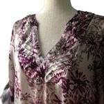 Avon Pleated V Neck Silky Tunic Top S White Floral Pockets Roll Tab Sleeves Photo 1
