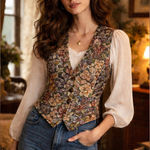 Backroad Blues Floral Tapestry Vest Vintage Cottagecore Button Sz Medium / Large Green Photo 0